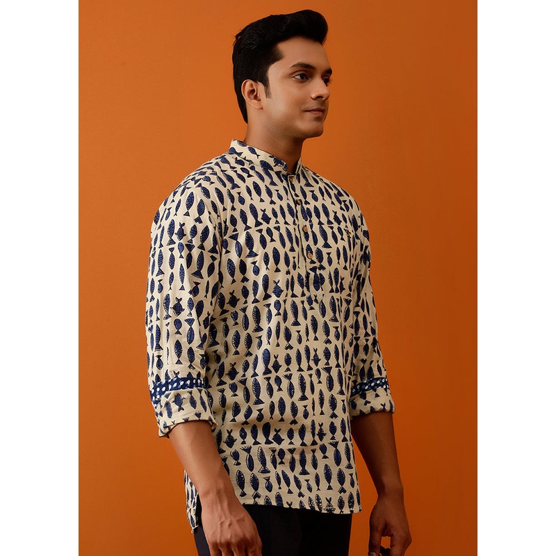 Beige Cotton Full Sleeves Mandarin Collar Short Kurta - JD986583045