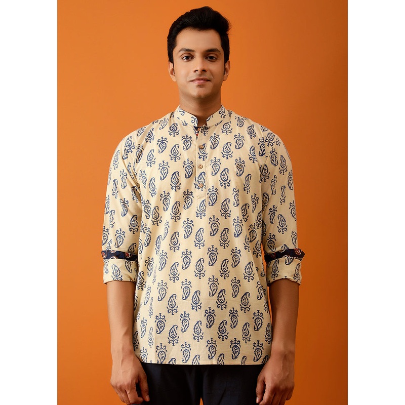 Beige Cotton Full Sleeves Mandarin Collar Short Kurta - JD986583046