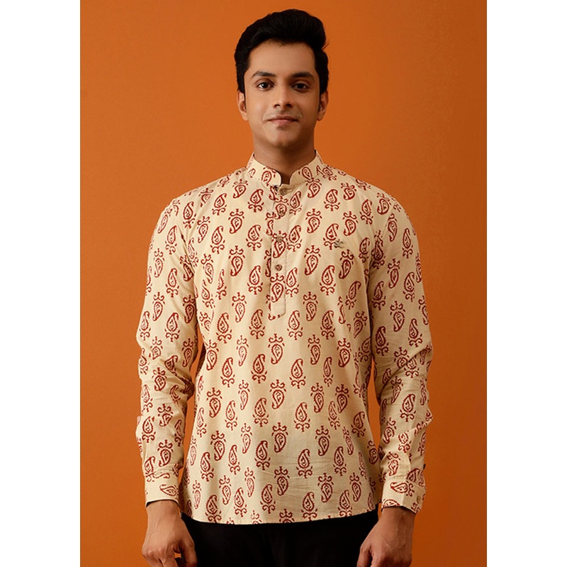Beige Cotton Full Sleeves Mandarin Collar Short Kurta - JD986583047