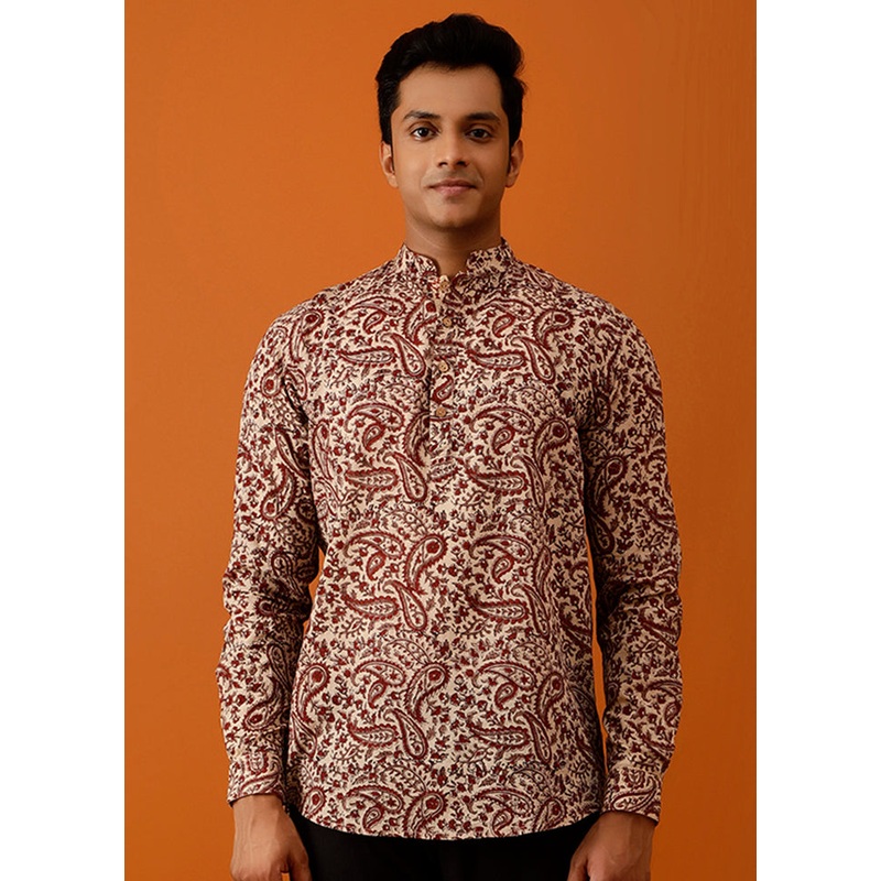 Beige Cotton Full Sleeves Mandarin Collar Short Kurta - JD986583048