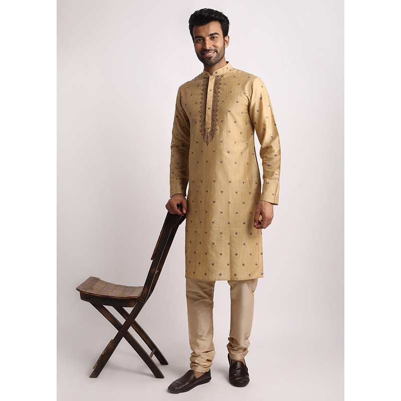 Beige Dupion Silk Full Sleeves Mandarin Collar Long Kurta And Pajama Set - JD986583039
