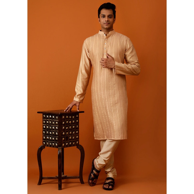 Beige Dupion Silk Full Sleeves Mandarin Collar Long Kurta And Pajama Set - JD986583040