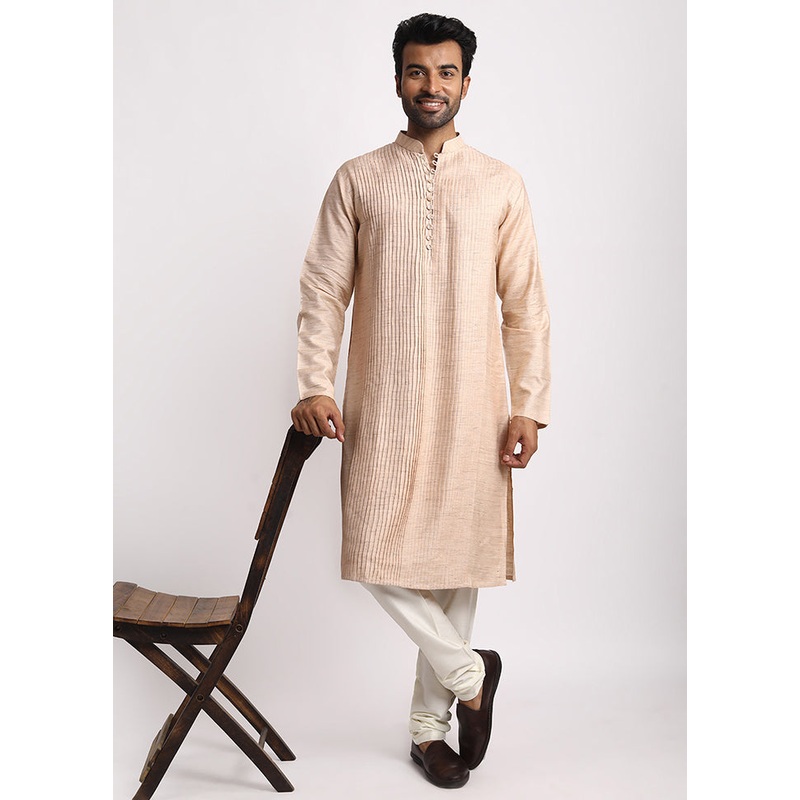 Beige Dupion Silk Full Sleeves Mandarin Collar Long Kurta And Pajama Set - JD986583041