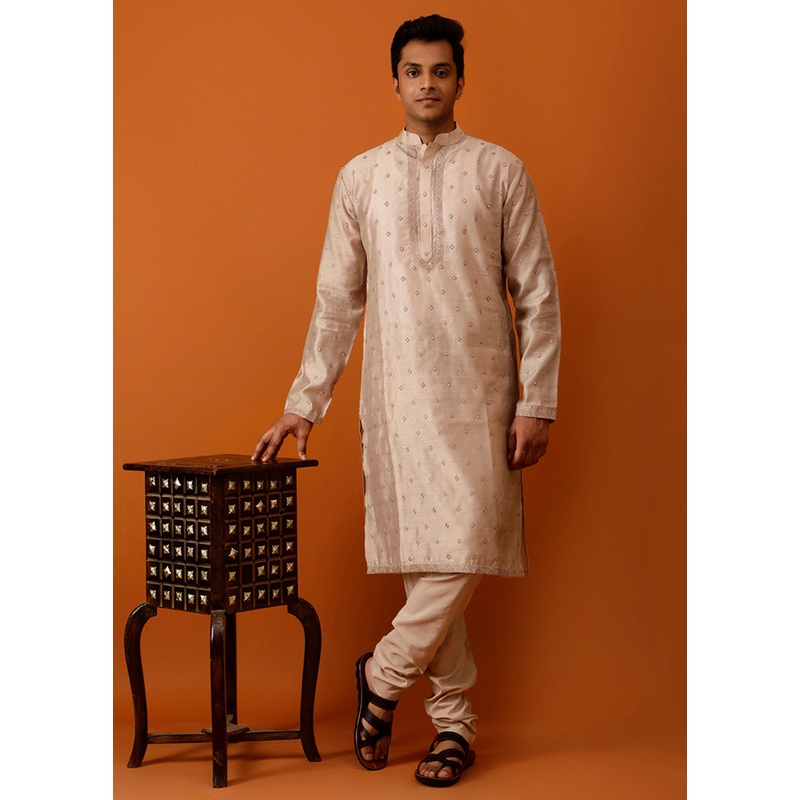 Beige Dupion Silk Full Sleeves Mandarin Collar Long Kurta And Pajama Set - JD986583042