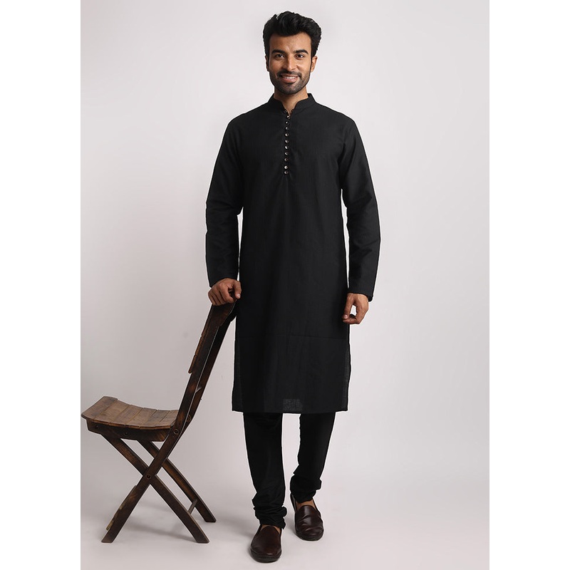 Black Cotton Full Sleeves Mandarin Collar Long Kurta And Pajama Set - JD986583037