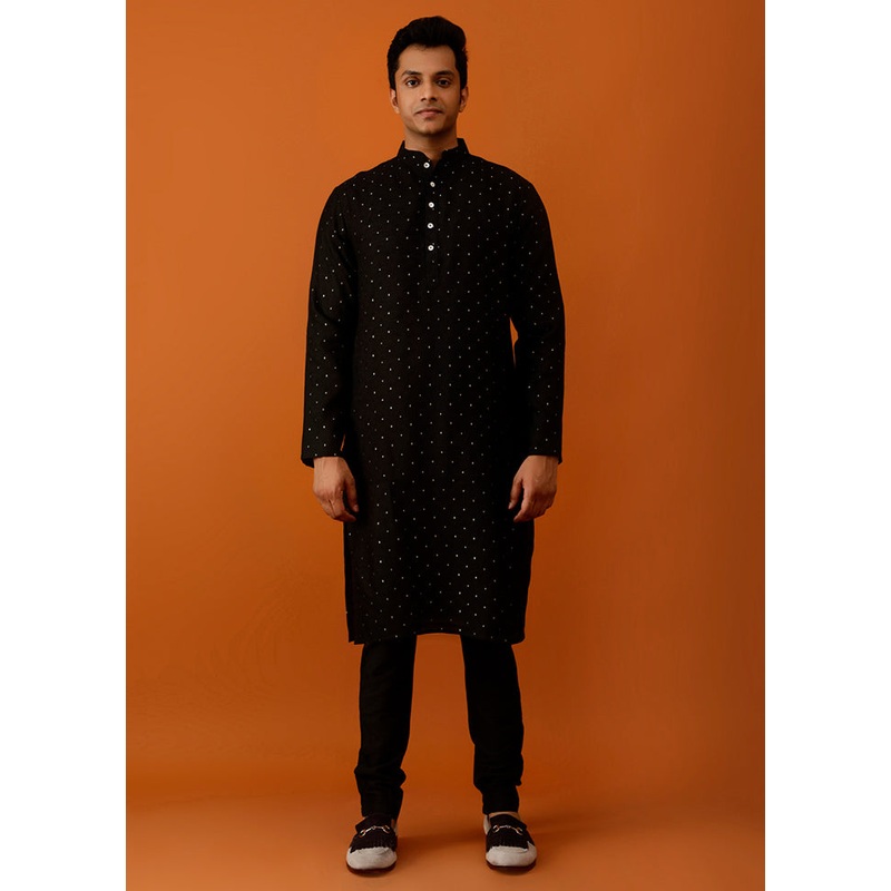Black Cotton Full Sleeves Mandarin Collar Long Kurta And Pajama Set - JD986583038