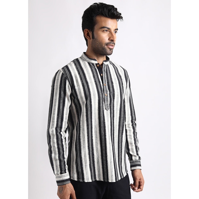 Black Cotton Full Sleeves Mandarin Collar Short Kurta - JD986583036
