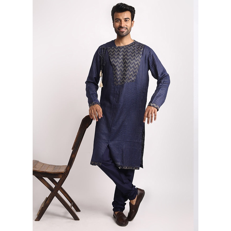 Blue Cotton Full Sleeves Mandarin Collar Long Kurta And Pajama Set - JD986583033