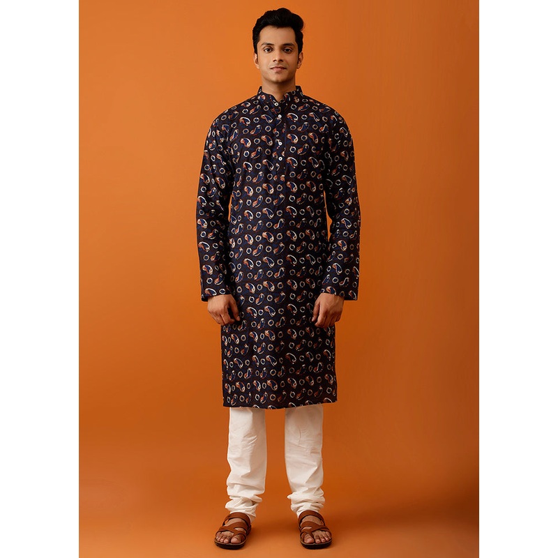 Blue Cotton Full Sleeves Mandarin Collar Long Kurta And Pajama Set - JD986583034
