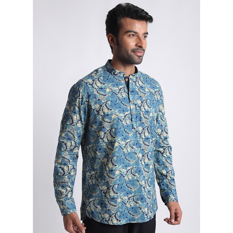 Blue Cotton Full Sleeves Mandarin Collar Short Kurta - JD986583028