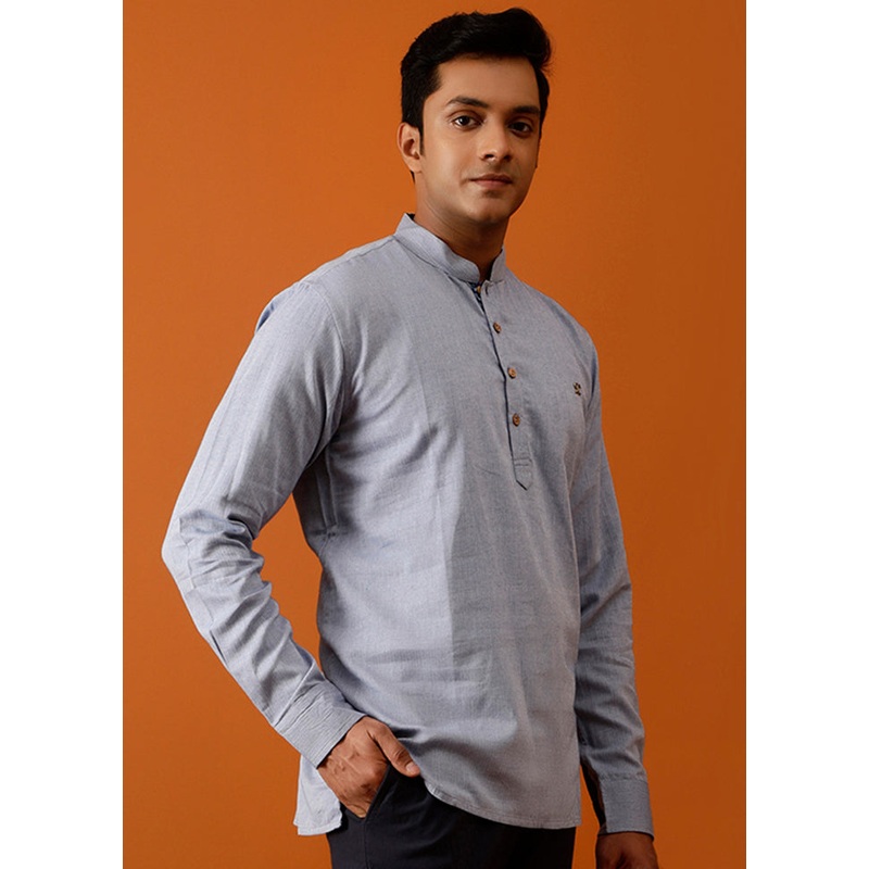 Blue Cotton Full Sleeves Mandarin Collar Short Kurta - JD986583029