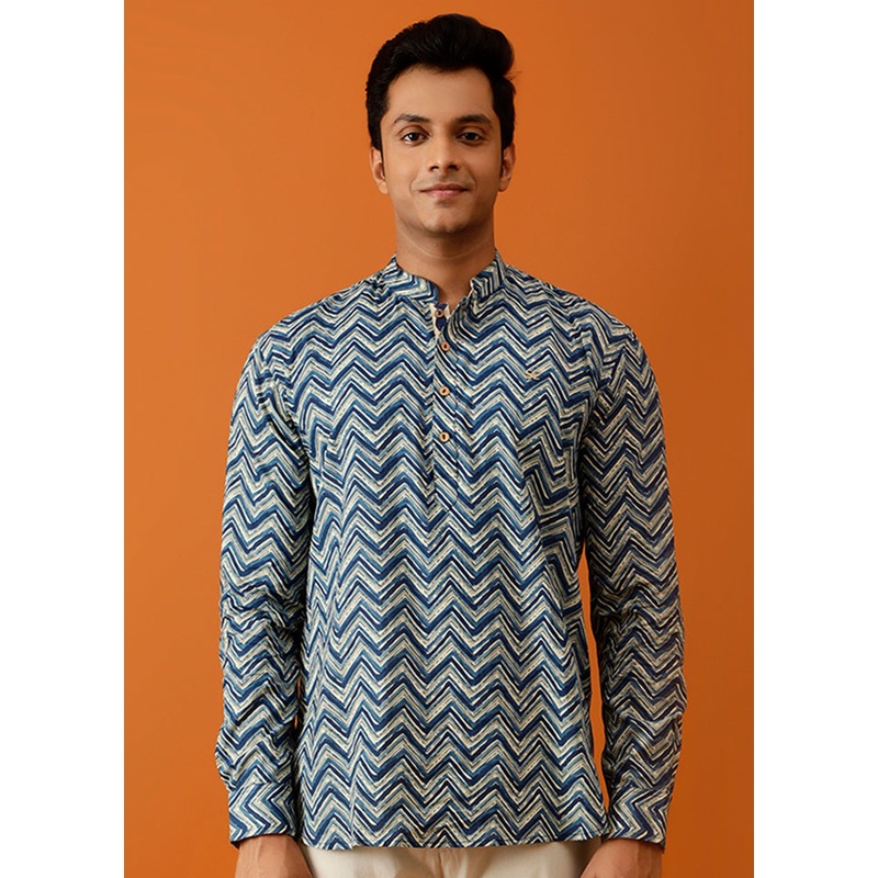 Blue Cotton Full Sleeves Mandarin Collar Short Kurta - JD986583030