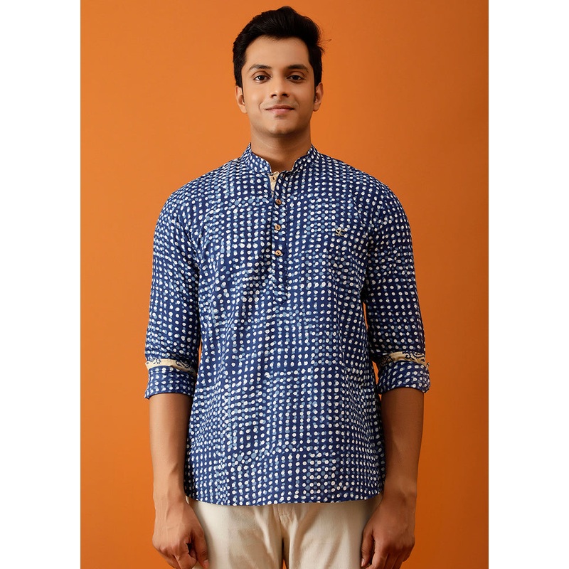 Blue Cotton Full Sleeves Mandarin Collar Short Kurta - JD986583031