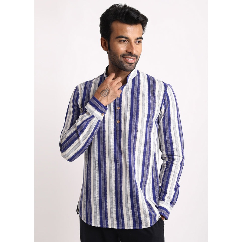 Blue Cotton Full Sleeves Mandarin Collar Short Kurta - JD986583032