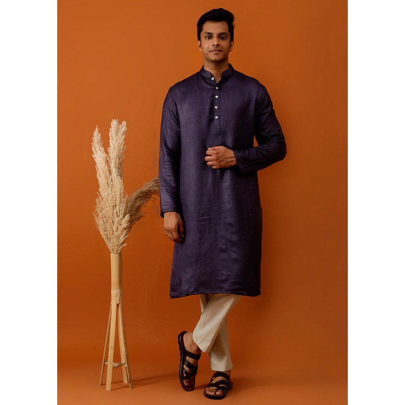 Blue Dupion Silk Full Sleeves Mandarin Collar Long Kurta And Pajama Set - JD986583027