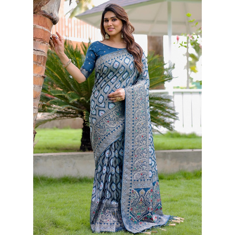Blue Pure Silk Saree With Blouse Piece - JD986582973