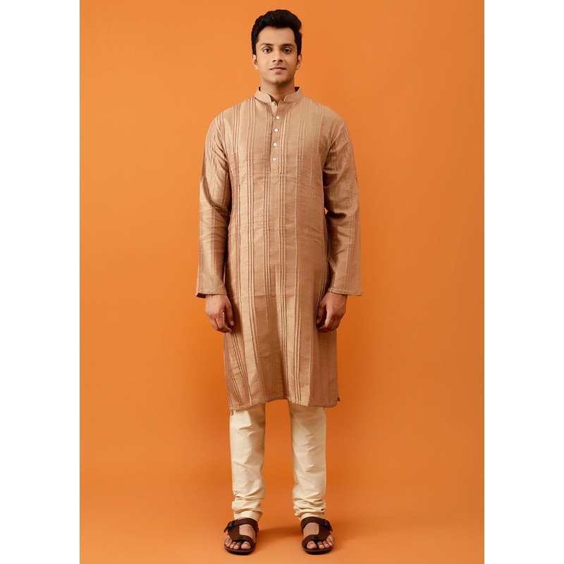 Brown Cotton Full Sleeves Mandarin Collar Long Kurta And Pajama Set - JD986583026