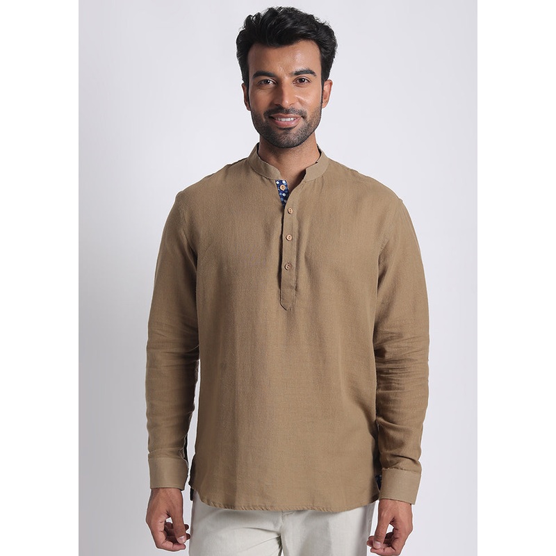 Brown Cotton Full Sleeves Mandarin Collar Short Kurta - JD986583025