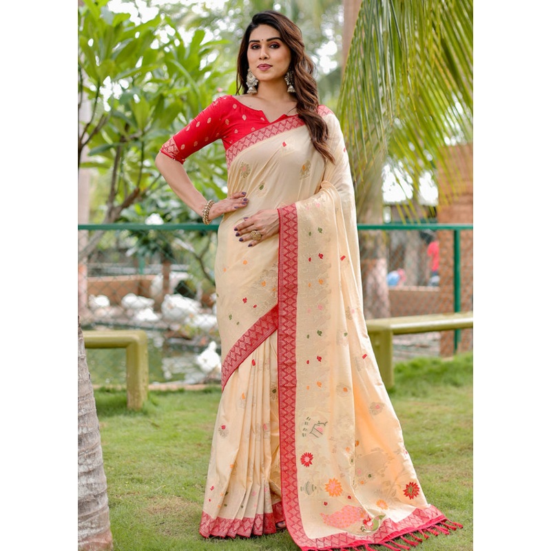 Cream Dupion Silk Saree With Blouse Piece - JD986582971