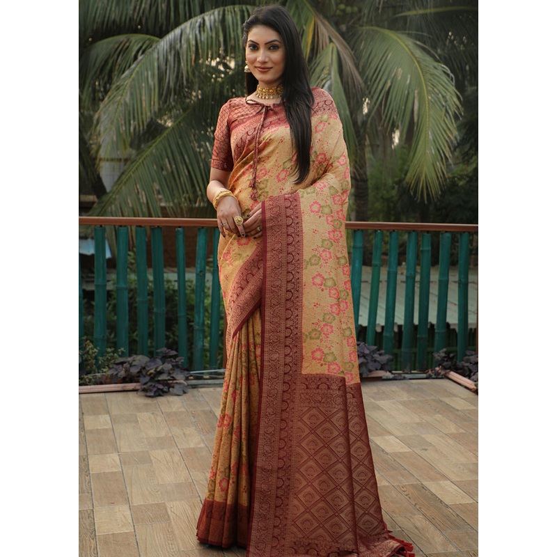 Cream Dupion Silk Saree With Blouse Piece - JD986582972