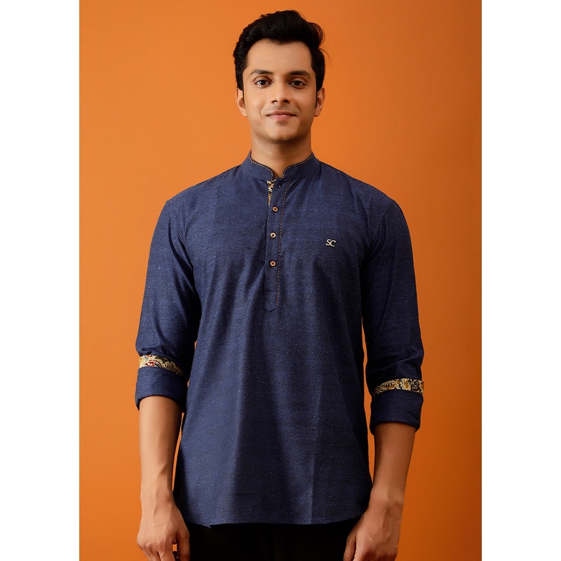 Dark Blue Cotton Full Sleeves Mandarin Collar Short Kurta - JD986583024