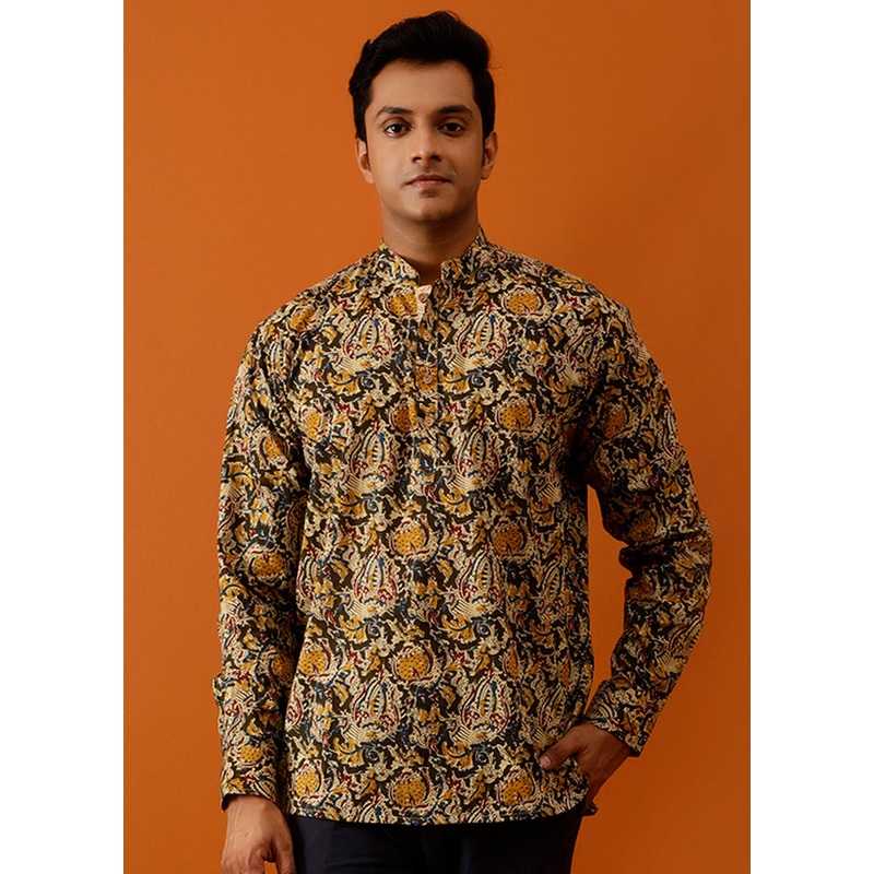Dark Green Cotton Full Sleeves Mandarin Collar Short Kurta - JD986583023