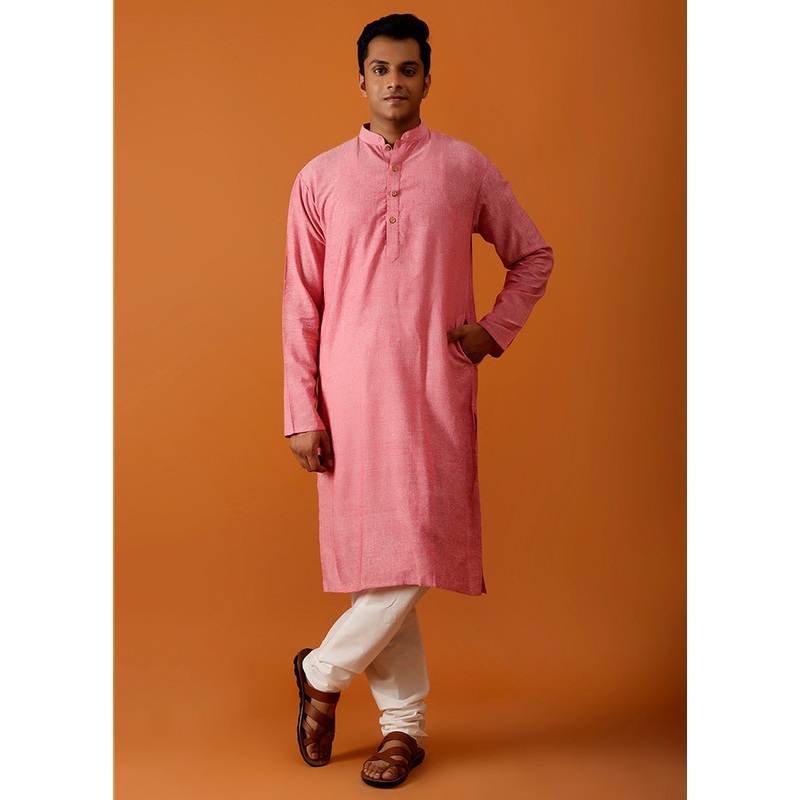 Dark Pink Cotton Full Sleeves Mandarin Collar Long Kurta And Pajama Set - JD986583022
