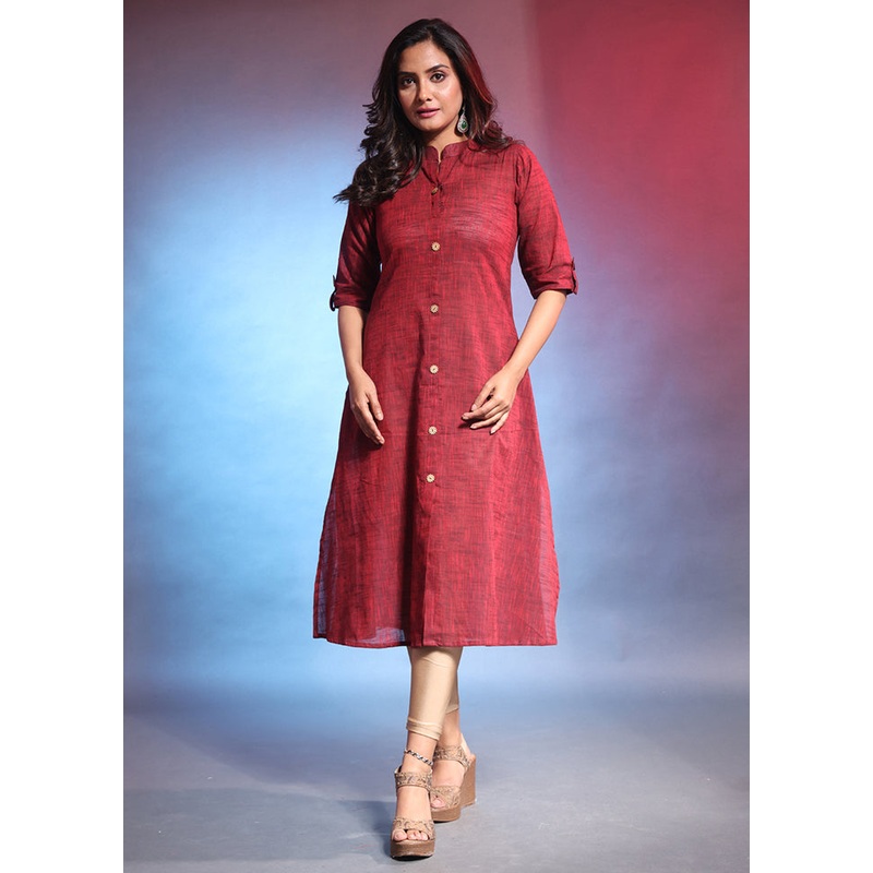 Dark Red Readymade Cotton Kurti - JD986583113