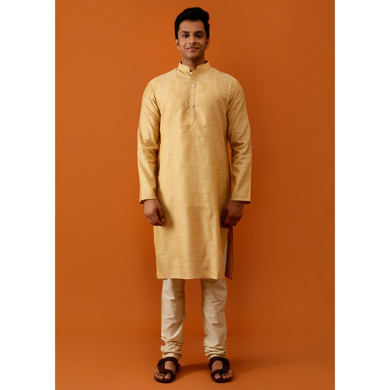 Golden Cotton Full Sleeves Mandarin Collar Long Kurta And Pajama Set - JD986583021