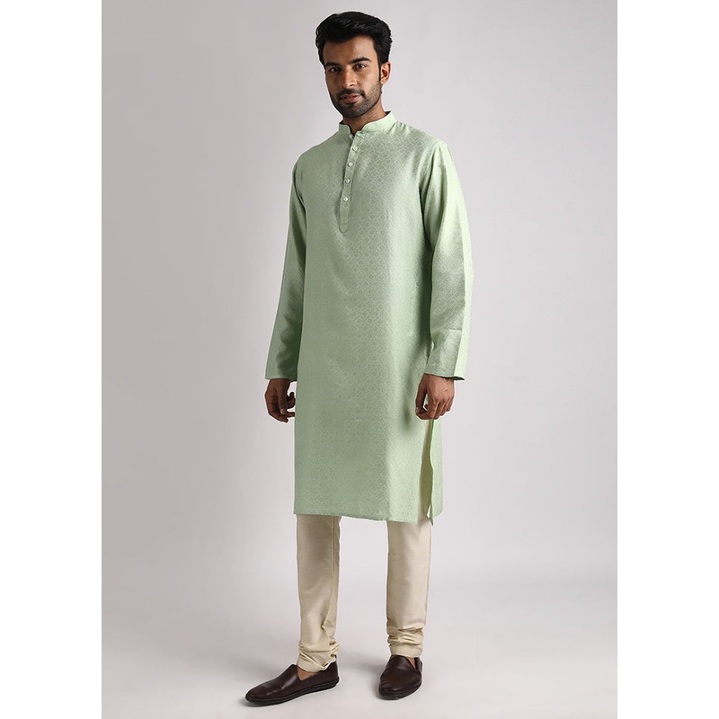 Green Cotton Full Sleeves Mandarin Collar Long Kurta And Pajama Set - JD986583017