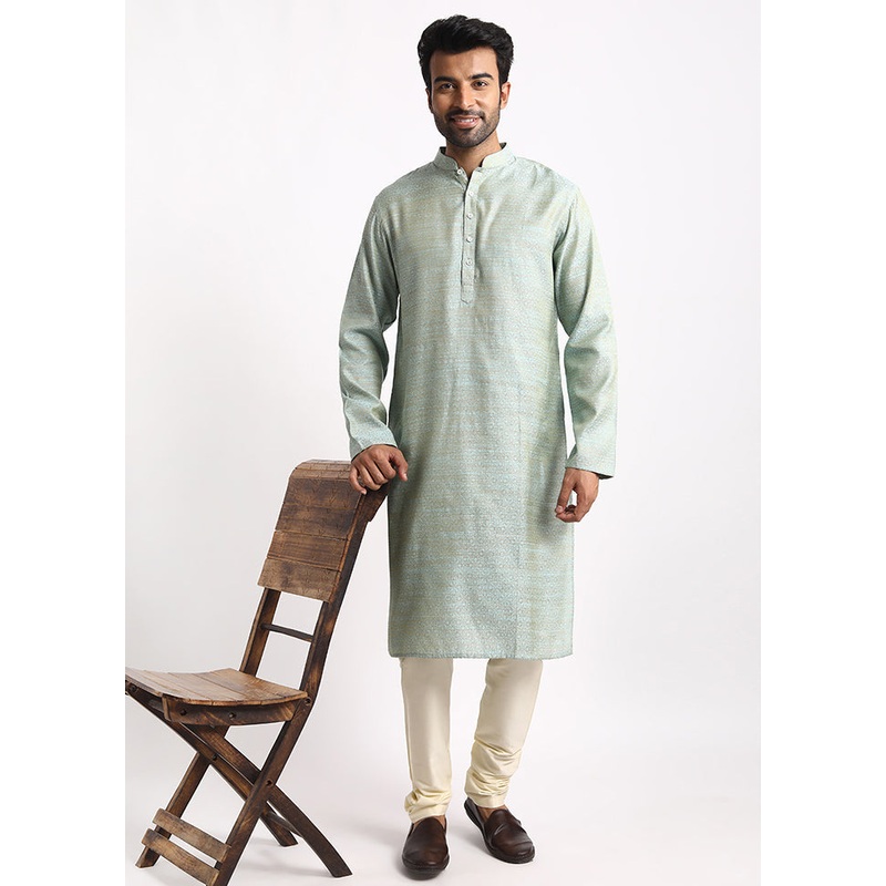 Green Cotton Full Sleeves Mandarin Collar Long Kurta And Pajama Set - JD986583018