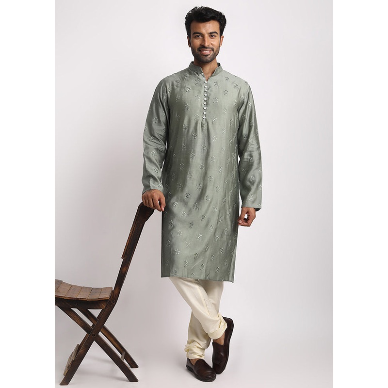 Green Cotton Full Sleeves Mandarin Collar Long Kurta And Pajama Set - JD986583019