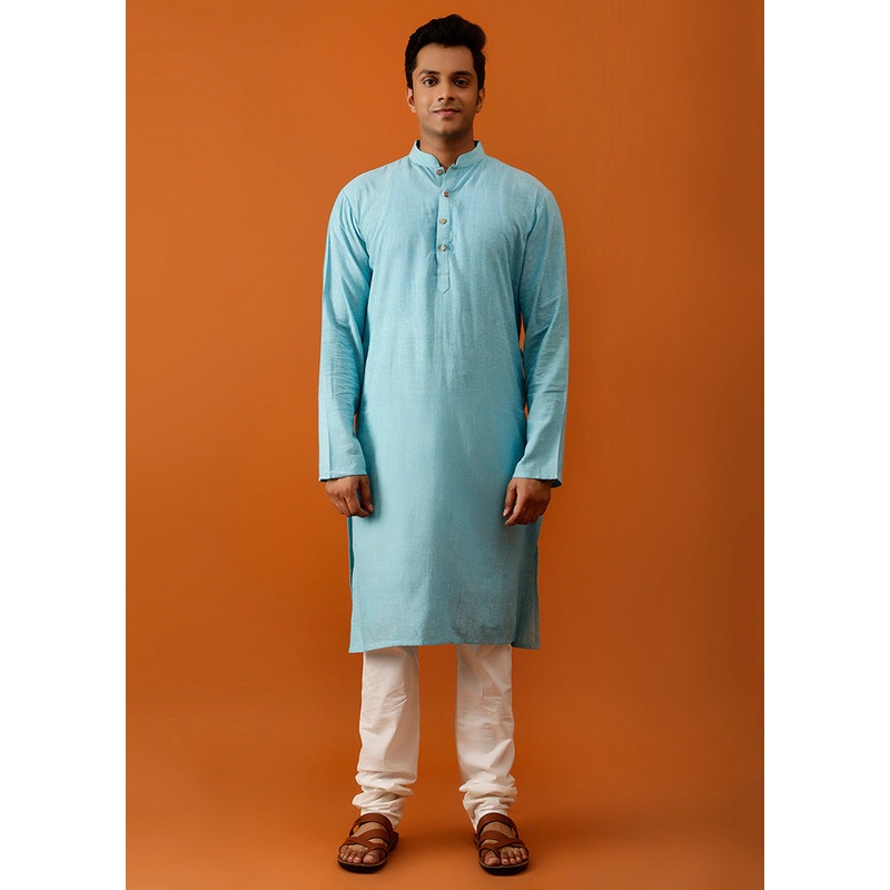Green Cotton Full Sleeves Mandarin Collar Long Kurta And Pajama Set - JD986583020