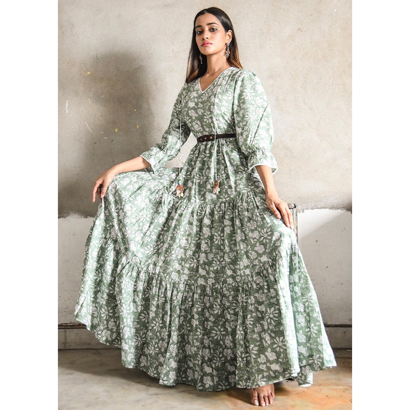 Green Readymade Cotton Indian Dress - JD986583144