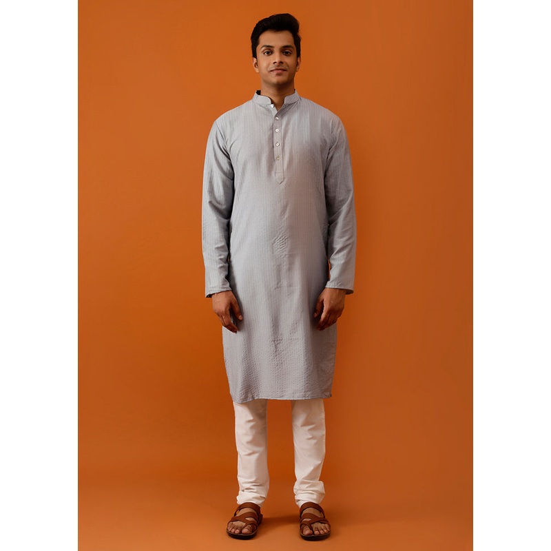 Grey Cotton Full Sleeves Mandarin Collar Long Kurta And Pajama Set - JD986583013