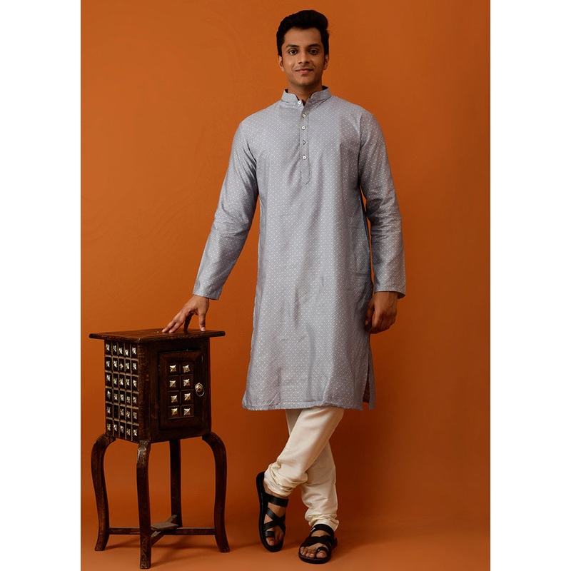 Grey Cotton Full Sleeves Mandarin Collar Long Kurta And Pajama Set - JD986583014