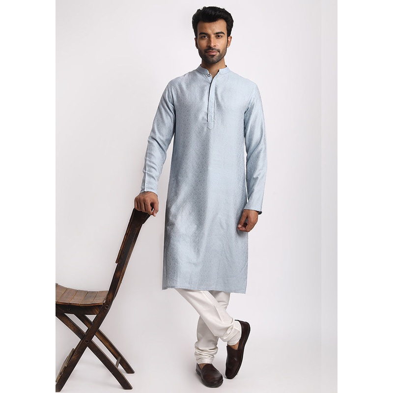 Grey Cotton Full Sleeves Mandarin Collar Long Kurta And Pajama Set - JD986583015