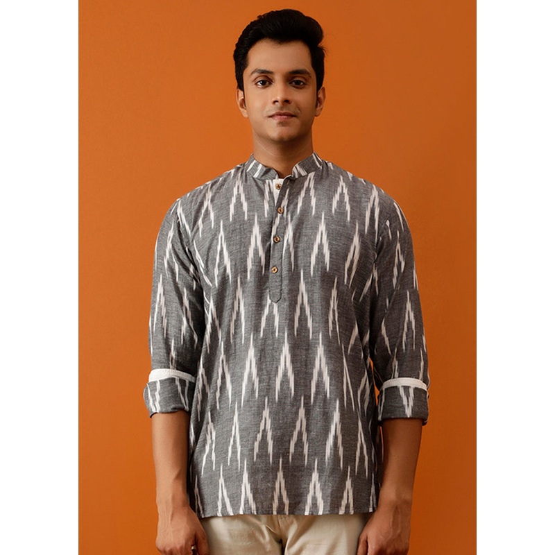 Grey Cotton Full Sleeves Mandarin Collar Short Kurta - JD986583012
