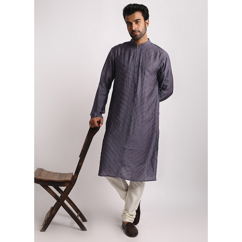 Grey Dupion Silk Full Sleeves Mandarin Collar Long Kurta And Pajama Set - JD986583008