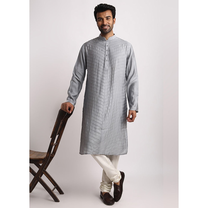 Grey Dupion Silk Full Sleeves Mandarin Collar Long Kurta And Pajama Set - JD986583009