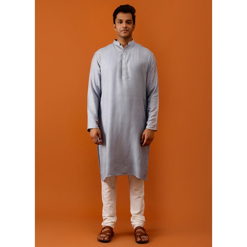 Grey Dupion Silk Full Sleeves Mandarin Collar Long Kurta And Pajama Set - JD986583010