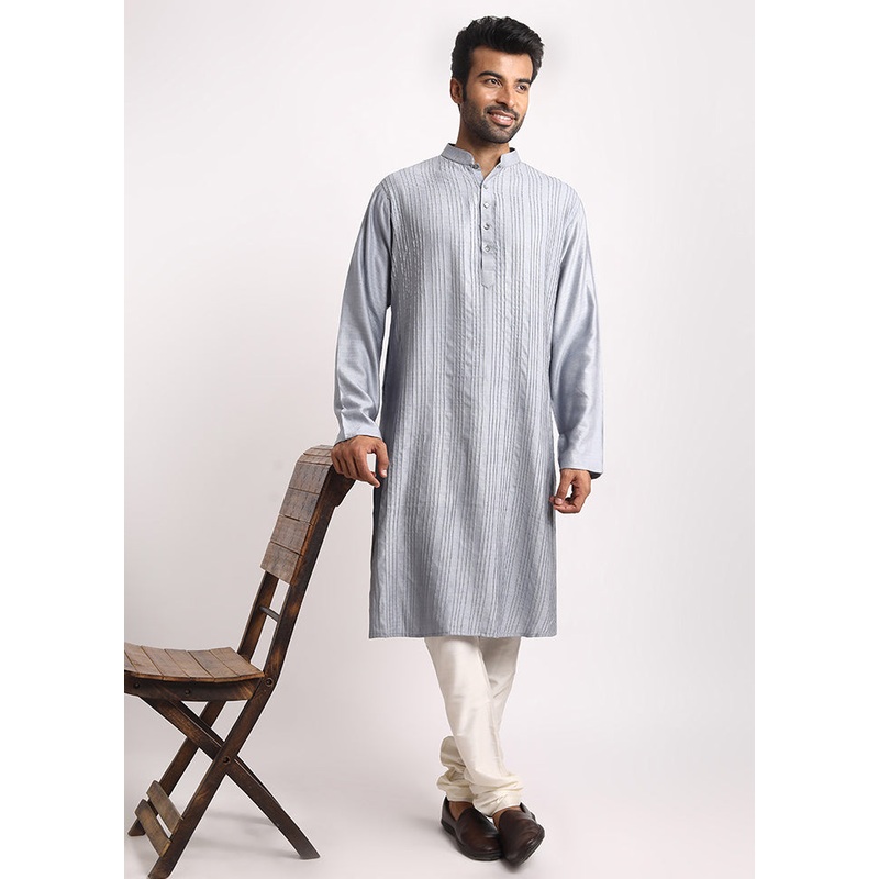 Grey Dupion Silk Full Sleeves Mandarin Collar Long Kurta And Pajama Set - JD986583011