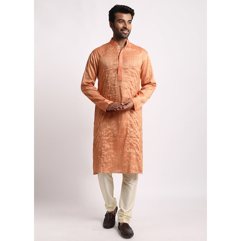 Light Orange Cotton Full Sleeves Mandarin Collar Long Kurta And Pajama Set - JD986583007