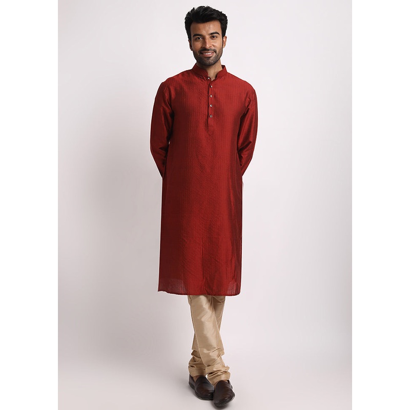 Maroon Cotton Full Sleeves Mandarin Collar Long Kurta And Pajama Set - JD986583006
