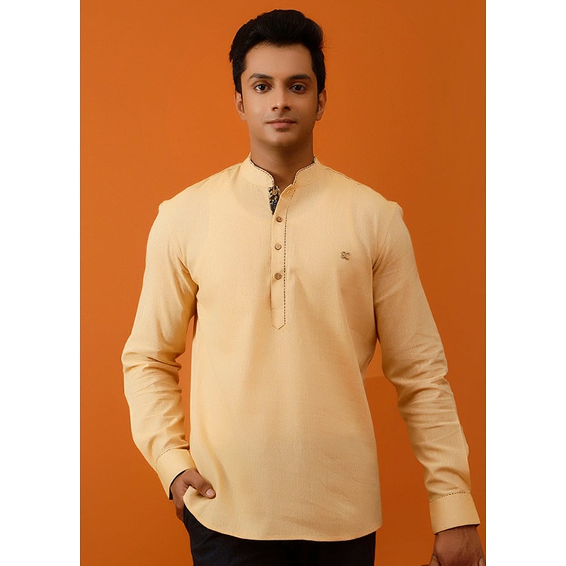 Mustard Cotton Full Sleeves Mandarin Collar Short Kurta - JD986583004