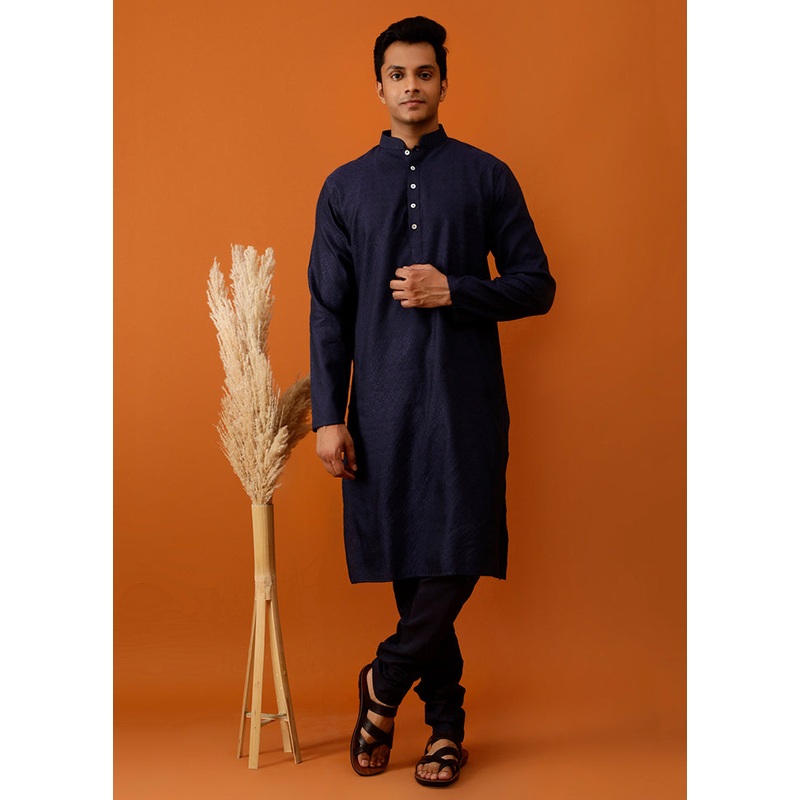 Navy Blue Cotton Full Sleeves Mandarin Collar Long Kurta And Pajama Set - JD986583002