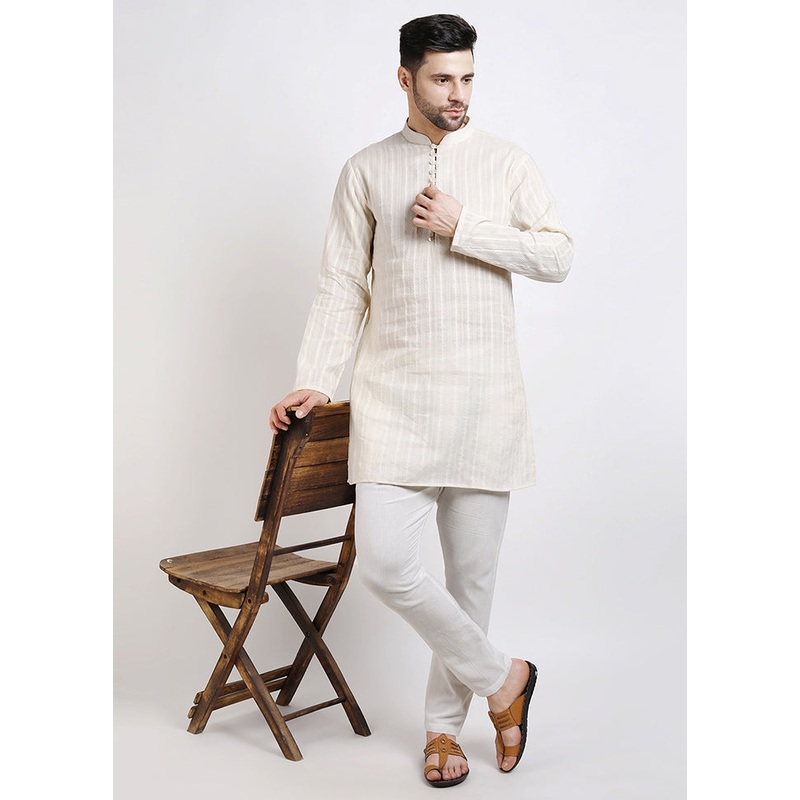 Off White Cotton Full Sleeves Mandarin Collar Mid Length Kurta - JD986583001