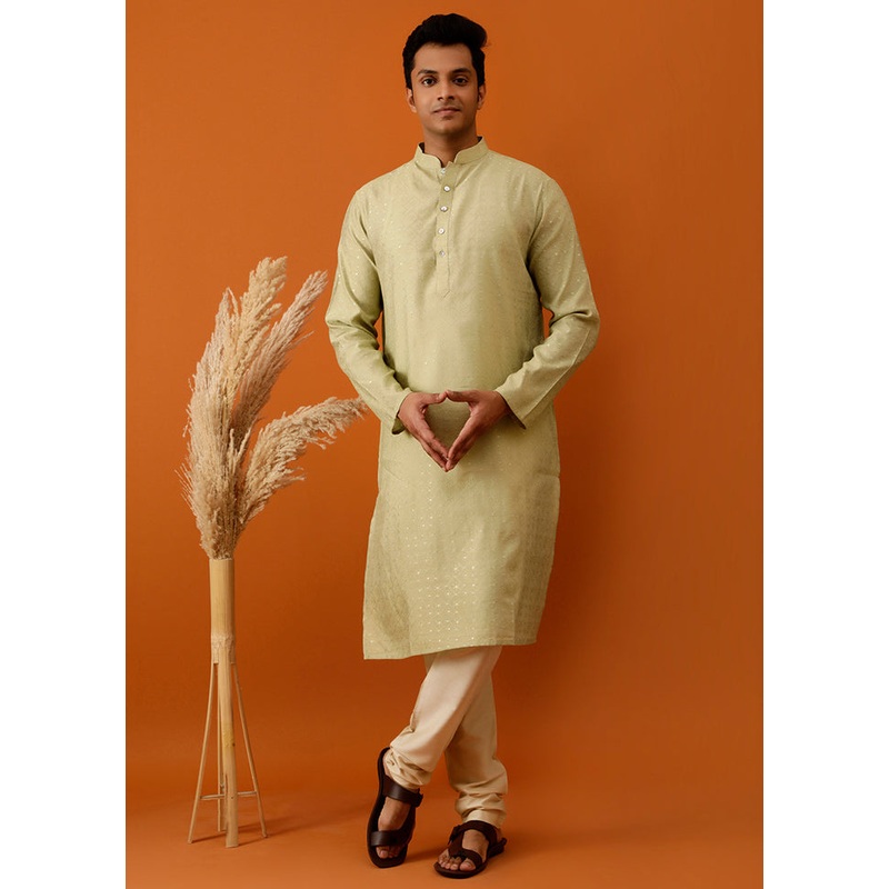 Olive Green Cotton Full Sleeves Mandarin Collar Long Kurta And Pajama Set - JD986582998
