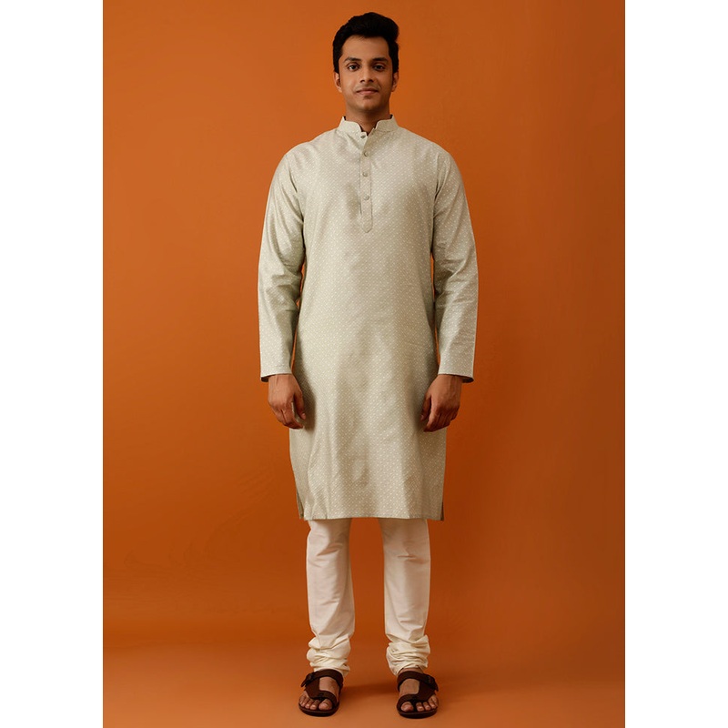 Olive Green Cotton Full Sleeves Mandarin Collar Long Kurta And Pajama Set - JD986582999