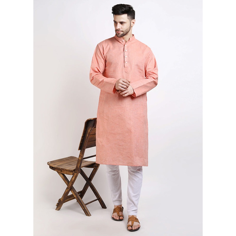 Orange Cotton Full Sleeves Mandarin Collar Long Kurta And Pajama Set - JD986582994
